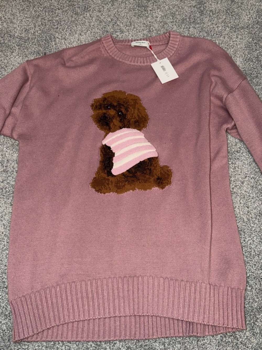 Sunday Best Dusty Pink Crewneck Sweater with Brown Dog Intarsia